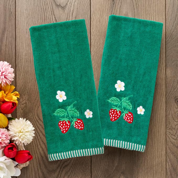 SKL Home Strawberry Vine Hand Towel Set-2pc, 100% Cotton, Green | Soft & decorative velour with embroidery. For use in the bathroom, kitchen, bar or any sink space.