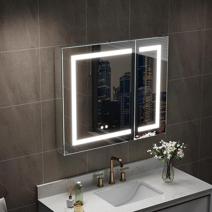 36" X 30" Bathroom LED Medicine Cabinet with Mirror, Medicine Cabinet with Lights, Bathroom Mirror with Storage, Dimmer, Defogger, Outlets & USB Ports, Double Doors