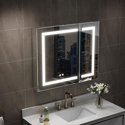 36" X 30" Bathroom LED Medicine Cabinet with Mirror, Medicine Cabinet with Lights, Bathroom Mirror with Storage, Dimmer, Defogger, Outlets & USB Ports, Double Doors