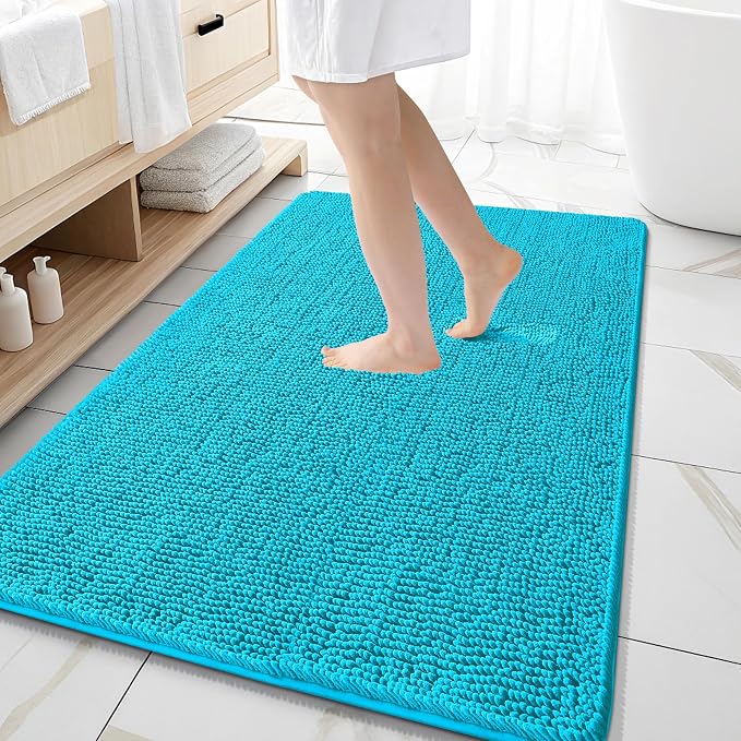 OLANLY Large Bathroom Rugs 59x35, Extra Soft Absorbent Chenille Bath Rugs | Aqua Sky, Quick-Drying Rubber Backing, Machine Washable Bath Mat for Bathroom Floor, Tub and Shower, Home Decor Accessories