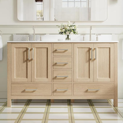 60-Inch Bathroom Vanity with Sink, 4 Soft-Close Doors and 6 Soft-Close Drawers, Bathroom Freestanding Vanity with Cultured Marble Countertop, Oak Vanity with Brushed Nickel Handles