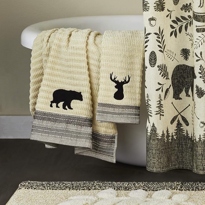 SKL Home Aspen Lodge Hand Towel Set-2pc, 100% Cotton Jacquard, Wheat | 550 GSM. Plush & absorbent. For the bathroom, kitchen or bar. Deer stag embroidery is great for Airbnb & cabin/lodge décor.