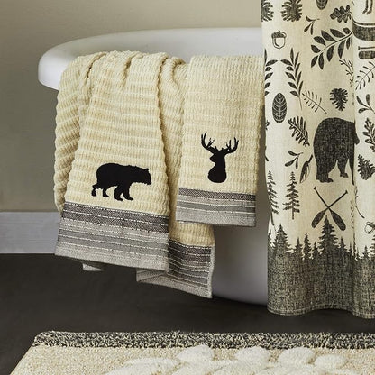 SKL Home Aspen Lodge Hand Towel Set-2pc, 100% Cotton Jacquard, Wheat | 550 GSM. Plush & absorbent. For the bathroom, kitchen or bar. Deer stag embroidery is great for Airbnb & cabin/lodge décor.