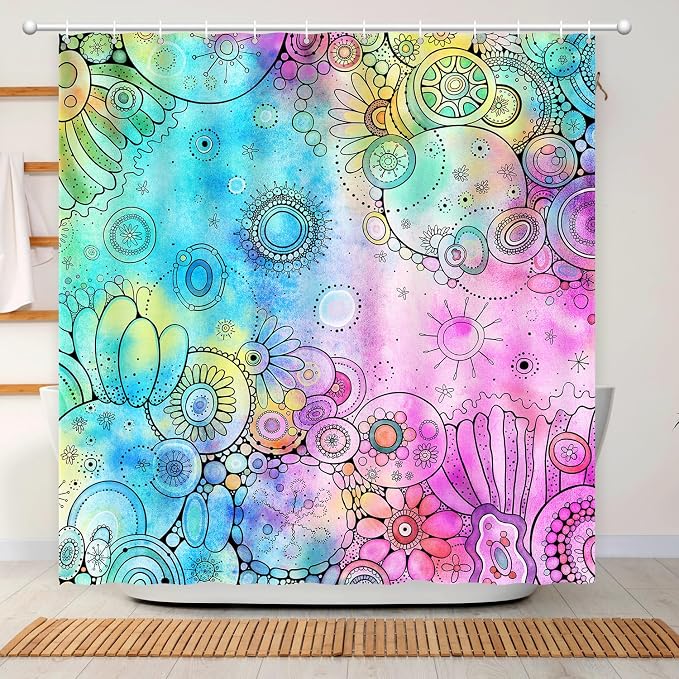 Watercolor Shower Curtain, Doodle Painting Shower Curtain Waterproof Shower Curtain Sets for Bathroom with 12 Hooks Polyester Fabric Machine Washable Home Office Decor Bath Curtain