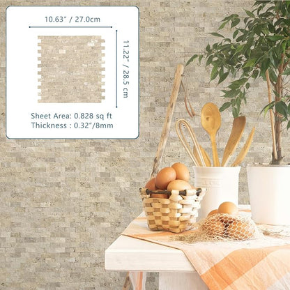 SUNWINGS 5-Sheet Peel and Stick Mosaic Natural 3D Stone Self Adhesive Travertine Tiles, 10.63" x 11.22" Stick on Backsplash for Kitchen Bathroom Fireplace Vanity, Beige