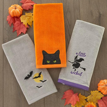 SKL Home Halloween Full Moon Flight Hand Towel Set-2pc, 100% Cotton, Gray | Soft, embroidered velour with 3D applique. Great for the bathroom, kitchen or bar & holiday gifting.