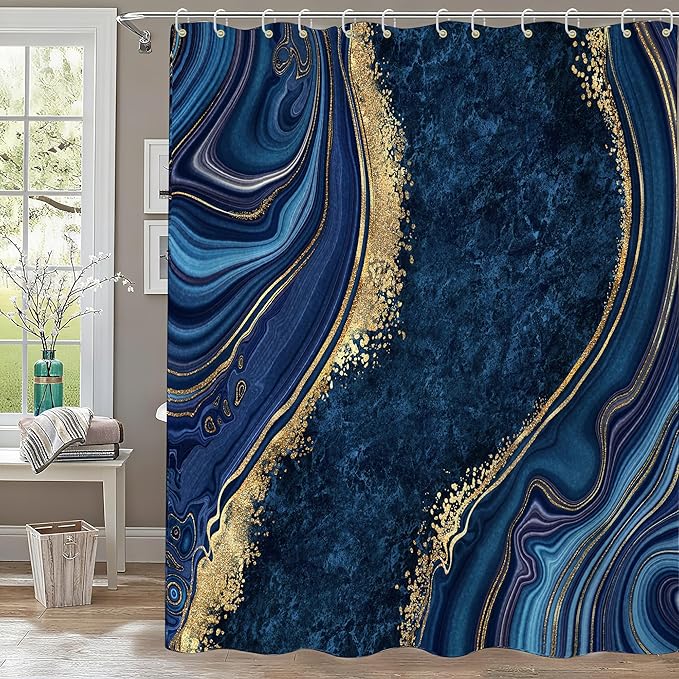 120GSM Marble Blue Waterproof Shower Curtain Set with 12PCS Hooks,Modern Abstract Bathroom Shower Curtains, Minimalist Watercolor Bathroom Décor,Washable Fabric Shower Curtain, 72 x 72 Inch (Marble)