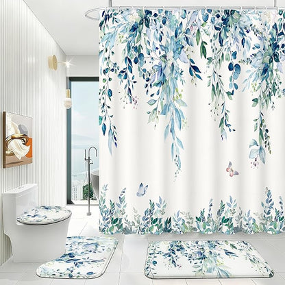 16 Pcs Blue Eucalyptus Shower Curtain Set with Absorbent Rugs and Metal Hooks,Premium 120gsm Heavy Weight Fabric Shower Curtain,Botanical Bathroom Deco (B-Blue)