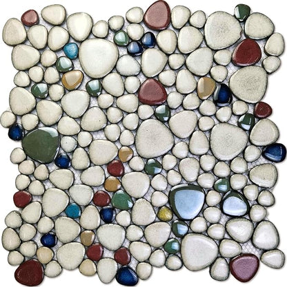 Ceramic Pebble Mosaic Sample Tile Cream Red & Green Bath Shower Floor | Crystal Glazed Porcelain, River Stone-Look for Bathroom Remodel, Fireplace Surround, Kitchen Backsplash and Accent Wall