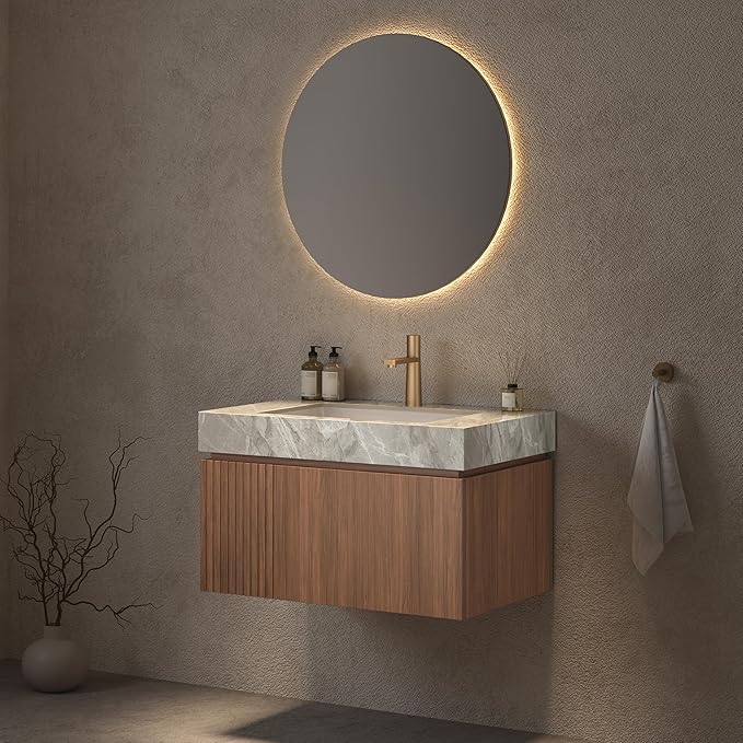 LKTART Floating 30 Inch Bathroom Vanity with Sink, Modern Plywood Wall Mounted Bathroom Storage Cabinet with 1 Door and 1 Drawer, Roma Travertine-Pattern Sintered Stone Countertop and Ceramic Basin