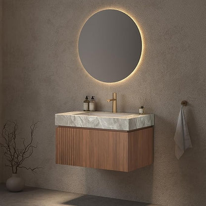 LKTART Floating 30 Inch Bathroom Vanity with Sink, Modern Plywood Wall Mounted Bathroom Storage Cabinet with 1 Door and 1 Drawer, Roma Travertine-Pattern Sintered Stone Countertop and Ceramic Basin