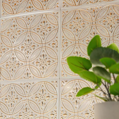 Peel and Stick Metal Tiles, Pastel Painted Gold, 10-Pack | 8 x 8 in tile size; Covers up to 4.44 sq ft; Aluminum; Water-resistant surface; For kitchens, ceilings, DIY projects