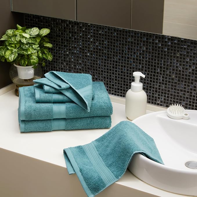 Amazon Basics Fade-Resistant Soft & Absorbent Bath, Hand and Washcloth Towel Set for Everyday Use, 100% Cotton, 30 x 54 inches, Teal Green, Set of 6