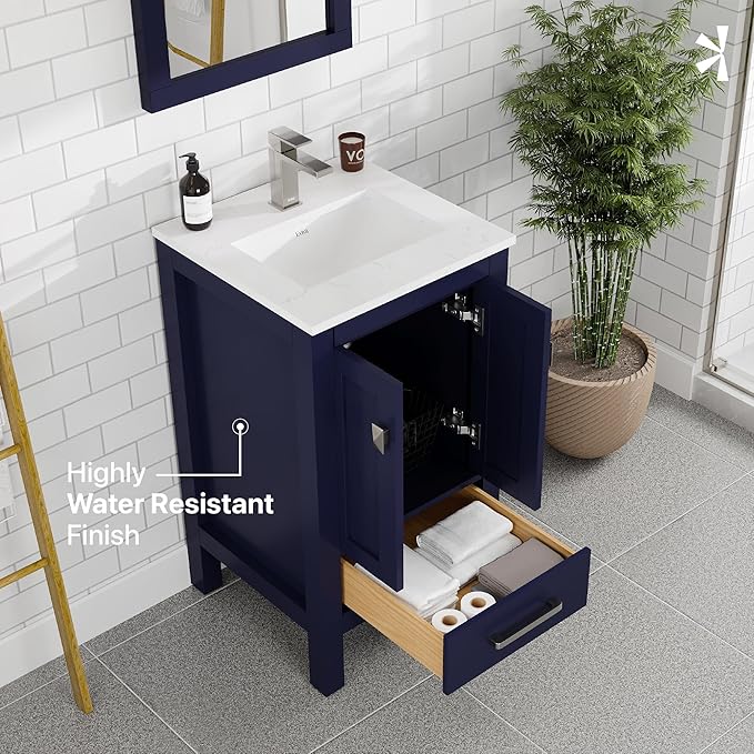 Eviva London 20 in. Blue Single Sink Bath Vanity with Carrara Quartz Top and Undermount Porcelain Sink