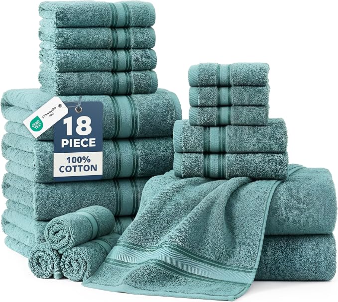 LANE LINEN Bath Towel Set Absorbent Quick Dry 100% Cotton 18 Piece - Teal | Cotton Towels For Bathroom - OEKO-TEX Certified, Zero-Twist Durability, Terry Weave Comfort