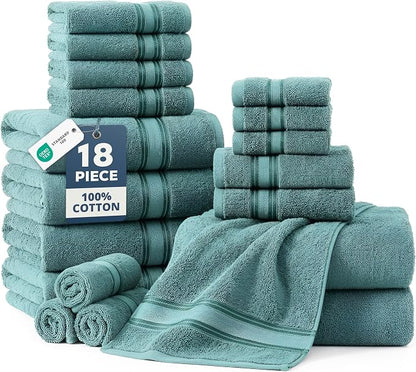 LANE LINEN Bath Towel Set Absorbent Quick Dry 100% Cotton 18 Piece - Teal | Cotton Towels For Bathroom - OEKO-TEX Certified, Zero-Twist Durability, Terry Weave Comfort