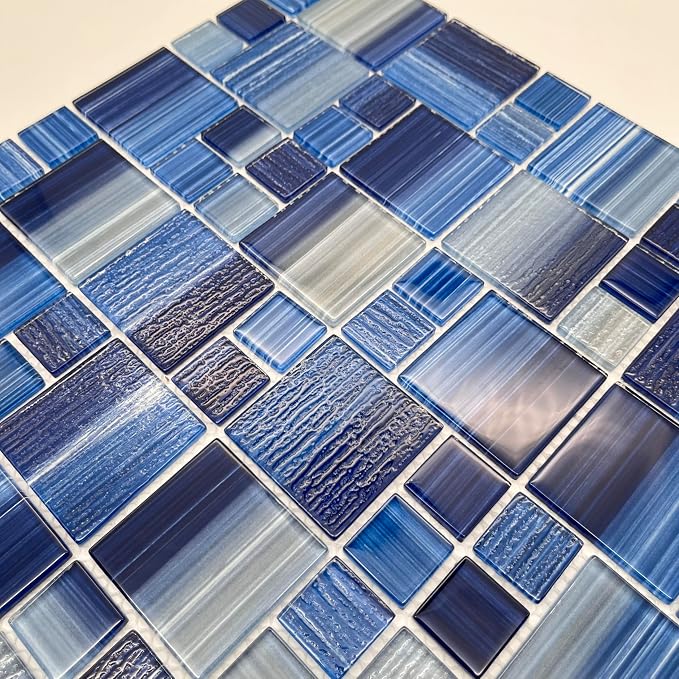 Glass Mosaic Tile,Hand-Painted,12”X12” Ocean Blue, Glossy &Textured, Resistant Fading and Scratch for Pool Tiles,Kitchen Backsplash,Bathroom, Shower, Waterline, Fountain, Spa (5 Sheets,5 Sq.Ft.)