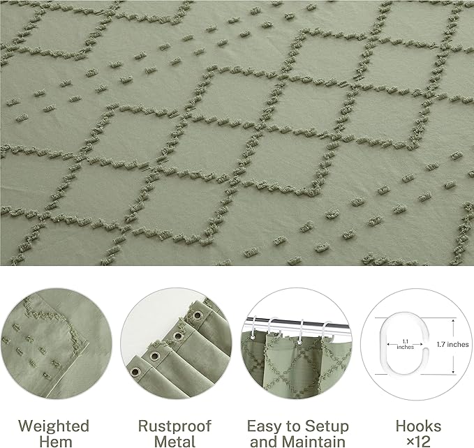 Extra Long Sage Green Boho Shower Curtain Woven Fabric Cute Shower Curtain, 72 x 78 Tufted Chevron Textured Striped Modern Farmhouse Minimalist Cloth Shower Curtains for Bathroom
