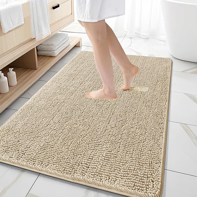 OLANLY Large Bathroom Rugs 59x35, Extra Soft Absorbent Chenille Bath Rugs | Beige, Quick-Drying Rubber Backing, Machine Washable Bath Mat for Bathroom Floor, Tub and Shower, Home Decor Accessories