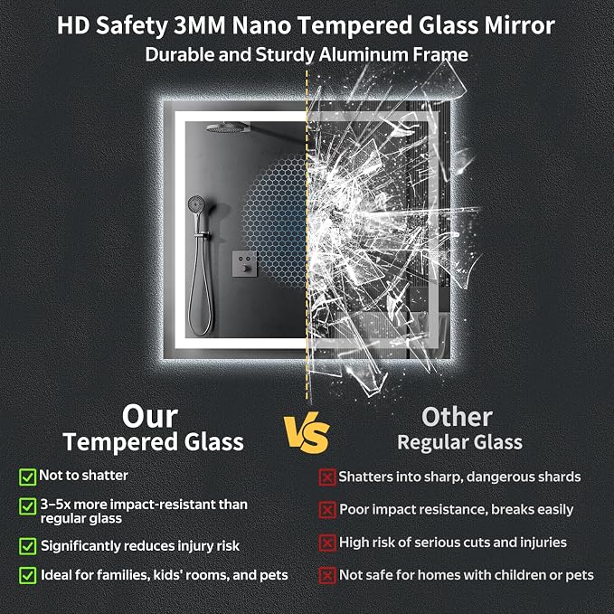36"x40" LED Bathroom Mirror with Lights, Backlit+Frontlit, Anti-Fog | CRI 95, Stepless Dimmable, 3 Colors Lighting, Shatterproof Tempered Glass, HD Reflection, Memory, (Horizontal/Vertical)