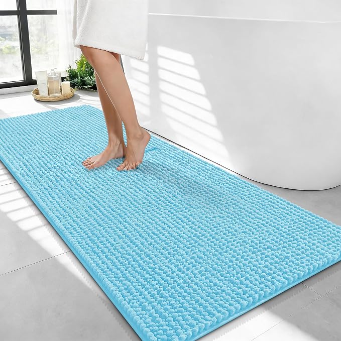 OLANLY Thick Chenille Bathroom Runner Rugs Mats 44x24, Sky Blue | Soft Absorbent Bath Rugs, Rubber Backing, Machine Wash Dry, Bath Mats for Bathroom, Tub and Shower, Home Decor Accessories