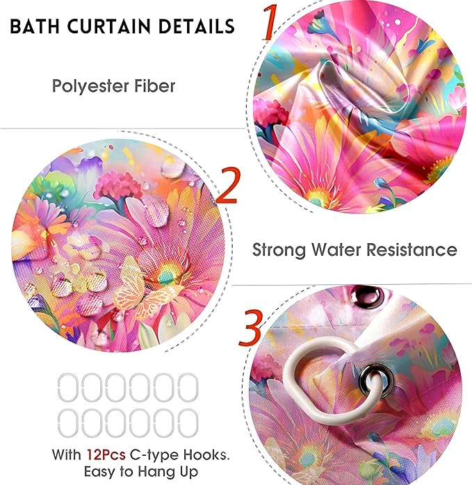 4-Piece Sunflower Shower Curtain Pink Blue Flower Bathroom Set with Shower Curtain and Rugs, Pastel Daisy Bath Set with Hooks for Home Decor
