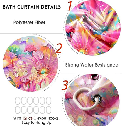 4-Piece Sunflower Shower Curtain Pink Blue Flower Bathroom Set with Shower Curtain and Rugs, Pastel Daisy Bath Set with Hooks for Home Decor
