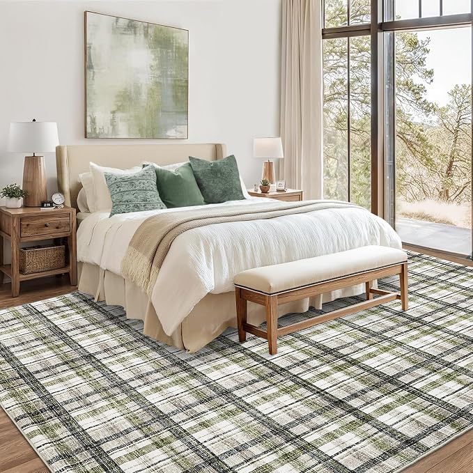 Washable Area Rug 8x10 Rug for Living Room Modern Non Slip Throw Rugs Farmhouse Large Rugs for Bedroom Low Pile Non Shedding Stain Resistant Carpet for Dining Room 8'x10' Green&Taupe