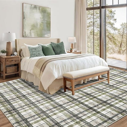 Washable Rugs 9x12 Area Rug for Bedroom Modern Farmhouse Non Slip Throw Rugs Large Living Room Rug Low Pile Soft Stain Resistant Carpet for Dining Room Office, 9'x12' Green&Taupe