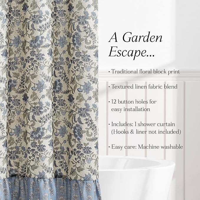 Lush Decor Lillian Block Print Linen Textured Shower Curtain Single 72" W x 72" L Blue & Sage - Vintage Floral Shower Curtains - Ruffled Bath Curtain