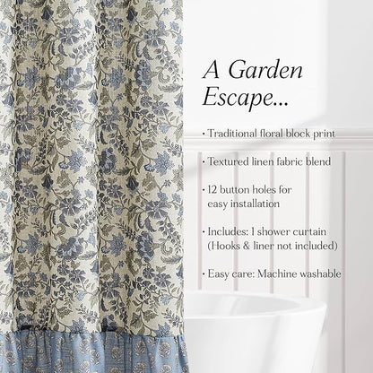 Lush Decor Lillian Block Print Linen Textured Shower Curtain Single 72" W x 72" L Blue & Sage - Vintage Floral Shower Curtains - Ruffled Bath Curtain