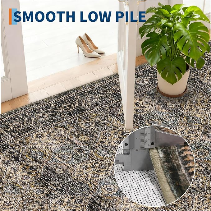Washable Floral 2x6 Kitchen Rugs, Vintage Distressed Print Non Slip Hallway Runner, Retro Accent Ultra Thin Low Pile Throw Carpet for Entryway Bedroom Laundry Bathroom, Yellow Taupe