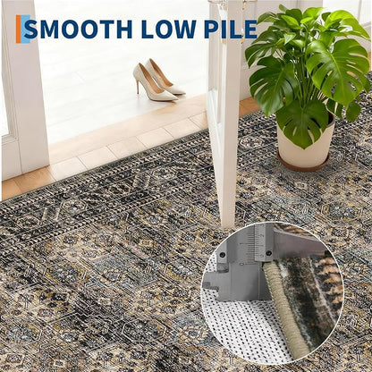 Washable Floral 2x6 Kitchen Rugs, Vintage Distressed Print Non Slip Hallway Runner, Retro Accent Ultra Thin Low Pile Throw Carpet for Entryway Bedroom Laundry Bathroom, Yellow Taupe