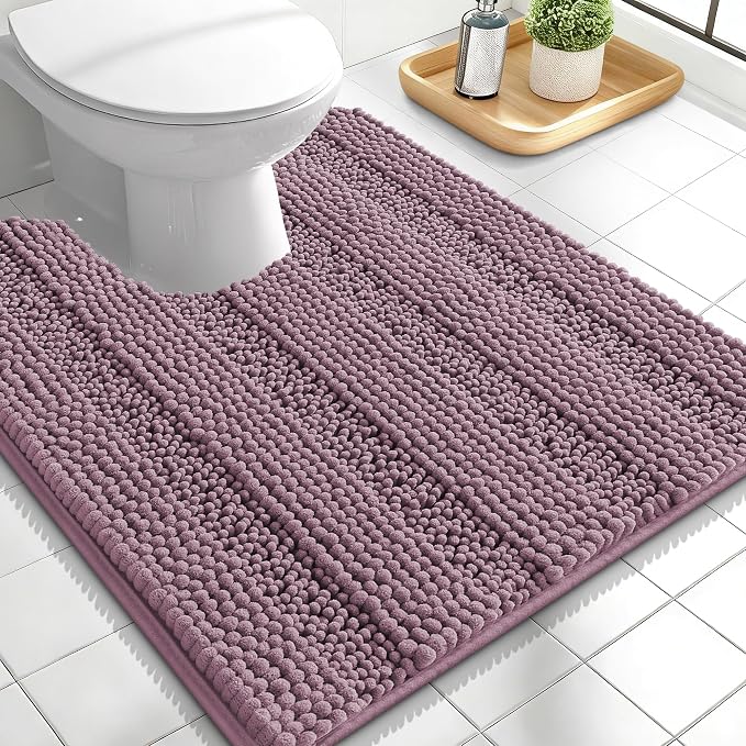 OLANLY Thick Toilet Rugs U-Shaped 24x20, Soft Chenille Bath Mat, Deep Plum | Extra Absorbent Striped Contour Bathroom Rugs for Toilet, Dry Quickly, Machine Washable, Non-Slip