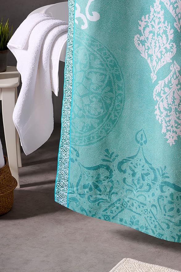 Maison d' Hermine Shower Curtain 100% Cotton One Panel 70"x72" Washable Fabric Shower Curtains for Bathroom, Easy Hanging with 12 Button Holes - Home Spa Easter Gifts (Versailles - Turquoise)