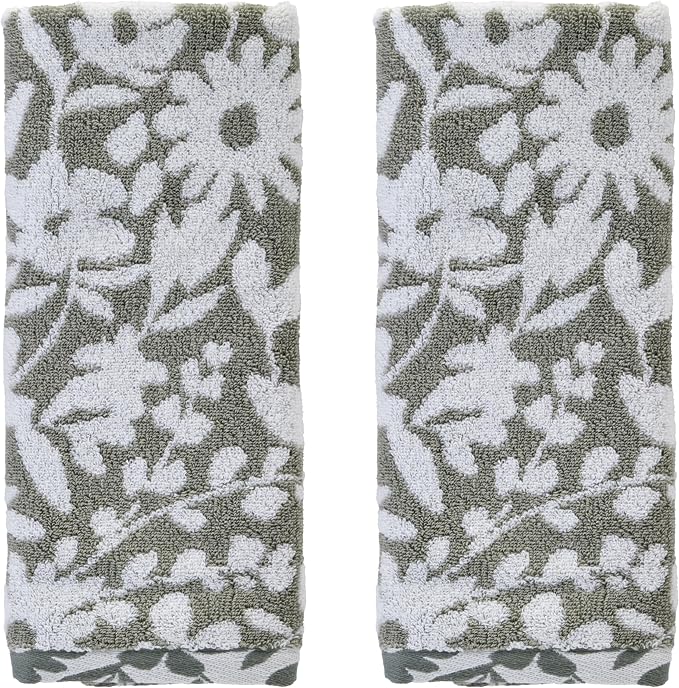 SKL Home Bedford Floral Hand Towel Set-2pc, Premium 100% Cotton, Sage | 600 GSM weight. Spa-level quality. Soft & absorbent, reversible jacquard. For the bathroom, kitchen, bar or any sink space.