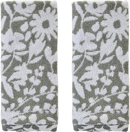 SKL Home Bedford Floral Hand Towel Set-2pc, Premium 100% Cotton, Sage | 600 GSM weight. Spa-level quality. Soft & absorbent, reversible jacquard. For the bathroom, kitchen, bar or any sink space.