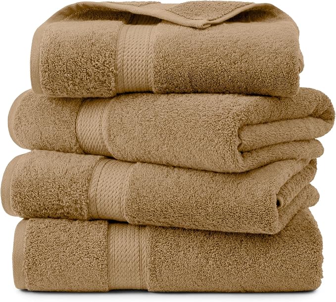 Superior Egyptian Cotton Plush & Absorbent, Bath Towel Set of 4, Toast | Quick Dry, Soft Luxury Towel Set, Bath Essentials for Bathroom, Guest Bath, Spa, 4 Piece Bath, Madeline Towels