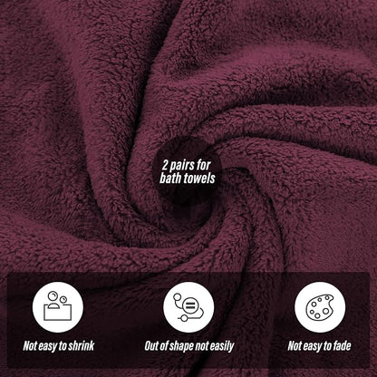 MOONQUEEN 2 Pack Premium Bath Towel Set - Quick Drying - Microfiber Coral Velvet Highly Absorbent Towels - Multipurpose Use as Bath Fitness, Bathroom, Shower, Sports, Yoga Towel (Burgundy)