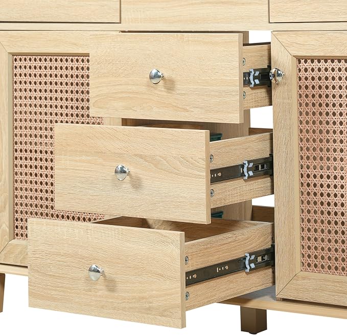 48-Inch Natural Rattan Bathroom Vanity with Ceramic Sink, Bathroom Storage Cabinet with Solid Wood Frame, Drawers &Rattan Doors, Soft-Close,Space Saving Vanity Sink for Bathroom