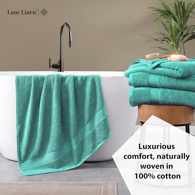 LANE LINEN Bathroom Towels Set (4 Pack)- 100% Cotton Luxury Bath Towels for Bathroom, Soft Shower Towels, Quick Dry Turkish Bath Towels, Super Absorbent Hotel Quality Bath Towel Set (28"x 54")- Teal | Set Of Towels - Dobby Border Accent, OEKO-TEX Certi...