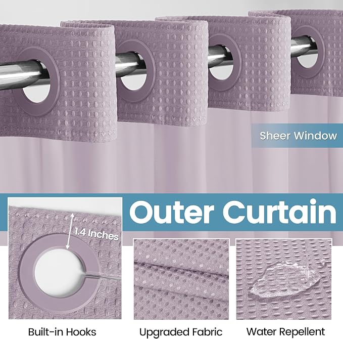 EUTXL Heavyweight Lavender No Hook Shower Curtain with Snap in Liner,256GSM Waffle Weave Shower Curtains for Bathroom,71W x 74H