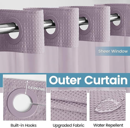 EUTXL Heavyweight Lavender No Hook Shower Curtain with Snap in Liner,256GSM Waffle Weave Shower Curtains for Bathroom,71W x 74H