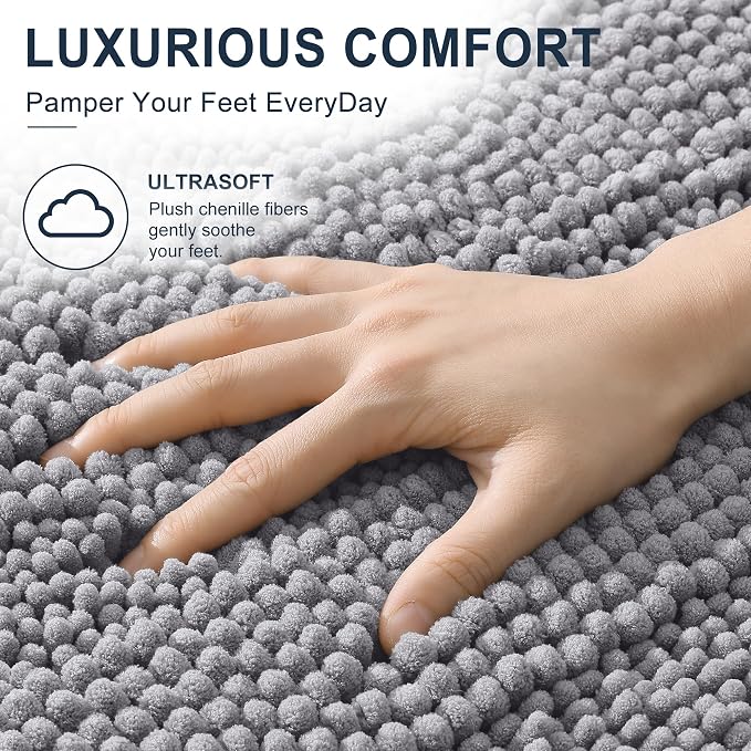 Smiry Thick Chenille Large Bathroom Runner Rugs 47x32, Soft Bath Mat, Grey | Quick‑Dry & Machine Washable, Non‑Slip Bath Carpet, Striped Bath Rugs for Tub & Shower, Modern Home Decor Accessories