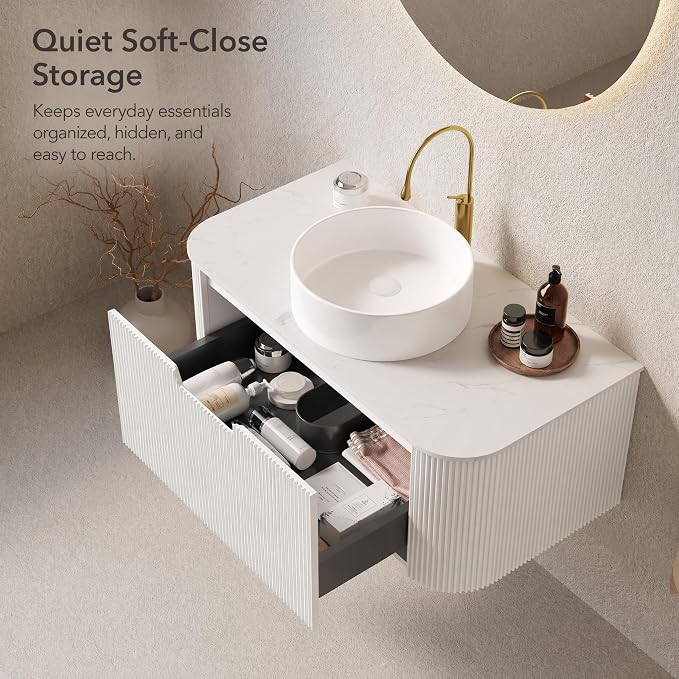 36 Inch Bathroom Vanity with Sink, Floating Wall Mounted Single Sink Vanity, White Curved Fluted Front, Stone Top, Pure White Round Vessel Basin, Pre-Assembled