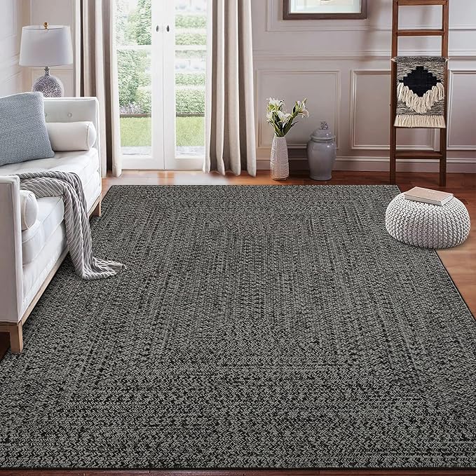 Washable Area Rug 10x13 Rug for Living Room Modern Rugs for Bedroom Imitation Braided Large Area Rug Non Slip Throw Rugs Stain Resistant Carpet for Nursery Dining Room 10'x13' Grey/Brown