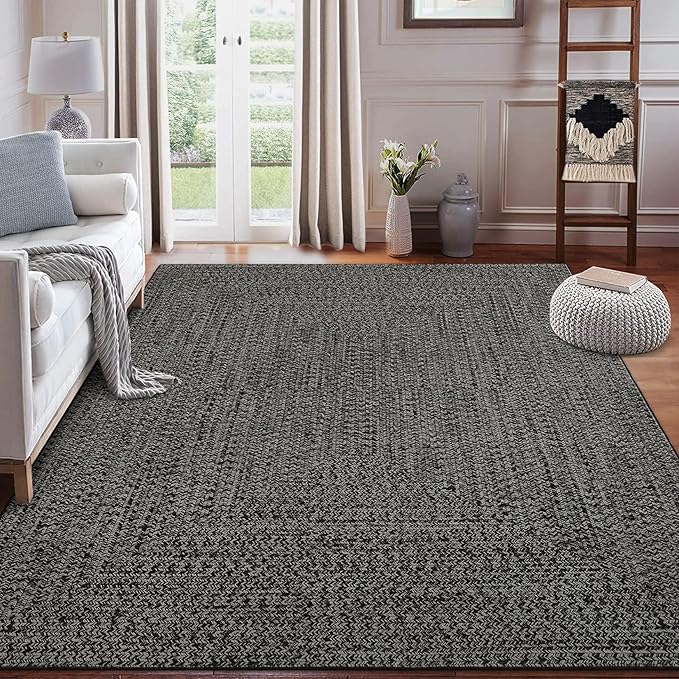 Modern Washable Rugs 8x10 Rug for Living Room Soft Bedroom Rug Braided Print Farmhouse Large Area Rug Non Slip Throw Rugs Non Shedding Stain Resistant Carpet for Dining Room 8'x10' Grey/Brown