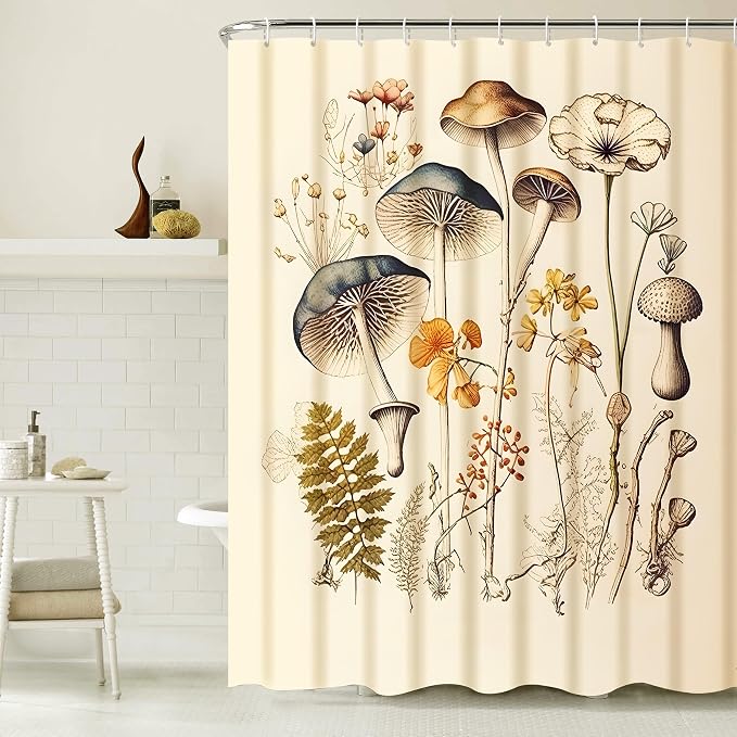 Rustic Shower Curtain Set Mushroom Shower Curtain Fern Wildflower Polyester Waterproof Fabric Bath Curtain 12 Hooks American Country Farm Style 72×72 Inches