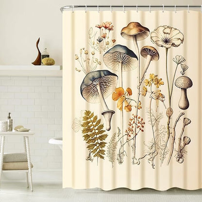 Rustic Shower Curtain Set Mushroom Shower Curtain Fern Wildflower Polyester Waterproof Fabric Bath Curtain 12 Hooks American Country Farm Style 72×72 Inches