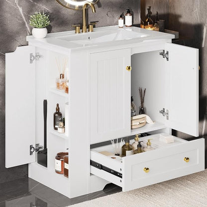 IRONCK Bathroom Vanity with Ceramic Sink, 30" Bathroom Cabinet, White | Features a Ceramic Sink, 3 Doors, 1 Drawer and Flexible Side Storage for Organized Bathroom Storage